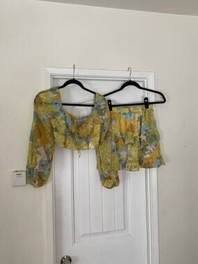 NWT Baevely Yellow Floral Smocked Puff Sleeve Crop Top and Mini Skirt Set XS/S